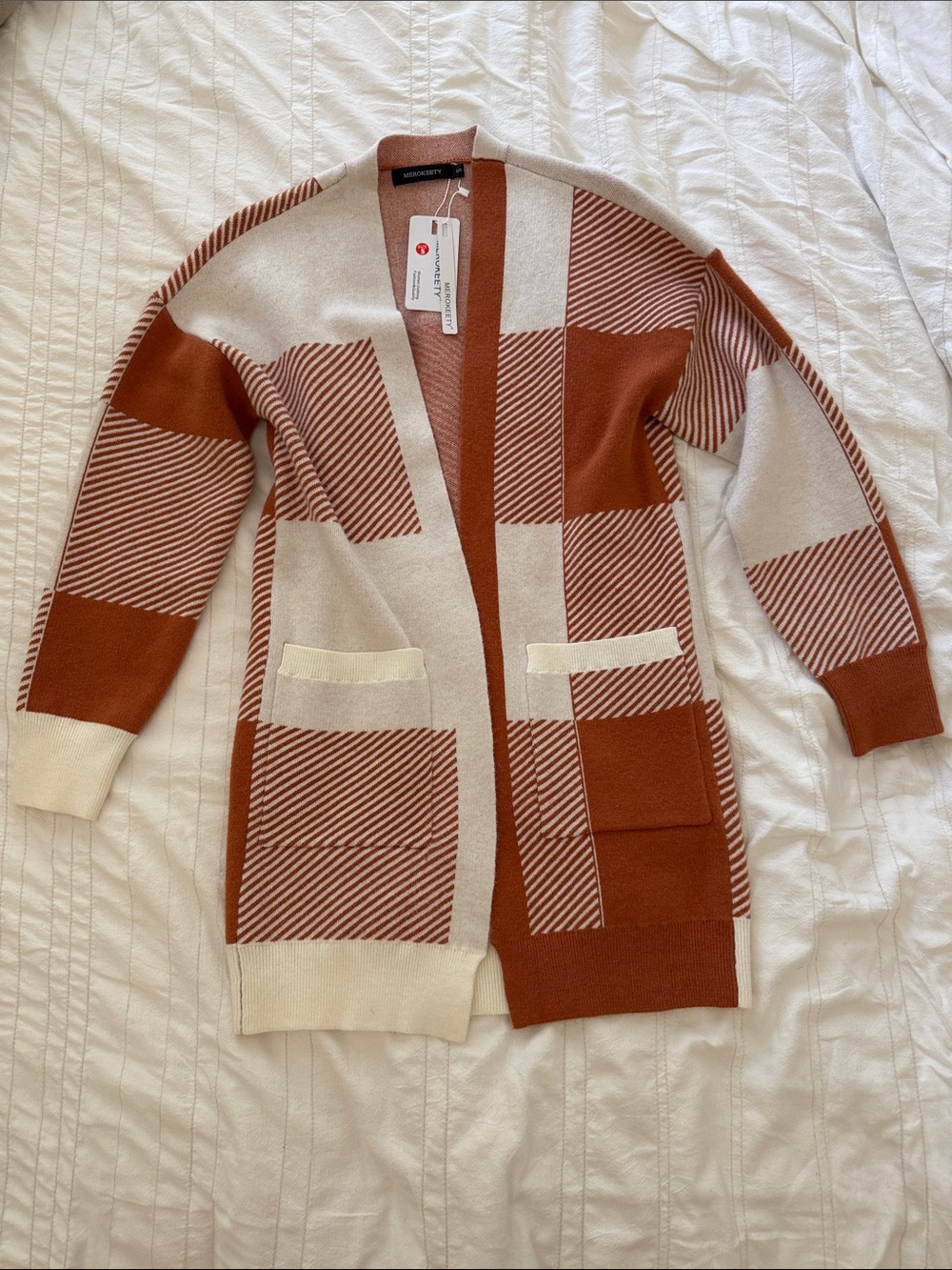 Open-Front Rust and Cream Checker Knit Cardigan